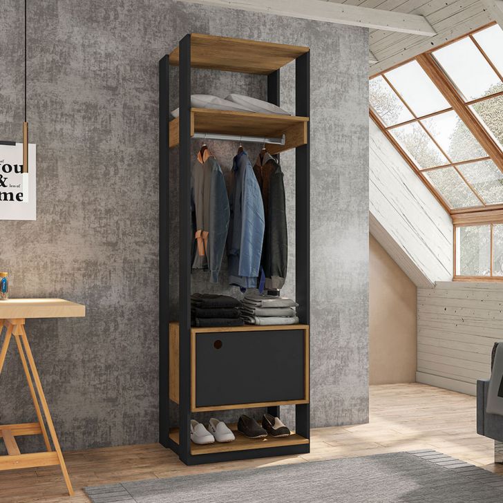Guarda-roupa Closet Titan 1 Porta Preto E Freijó