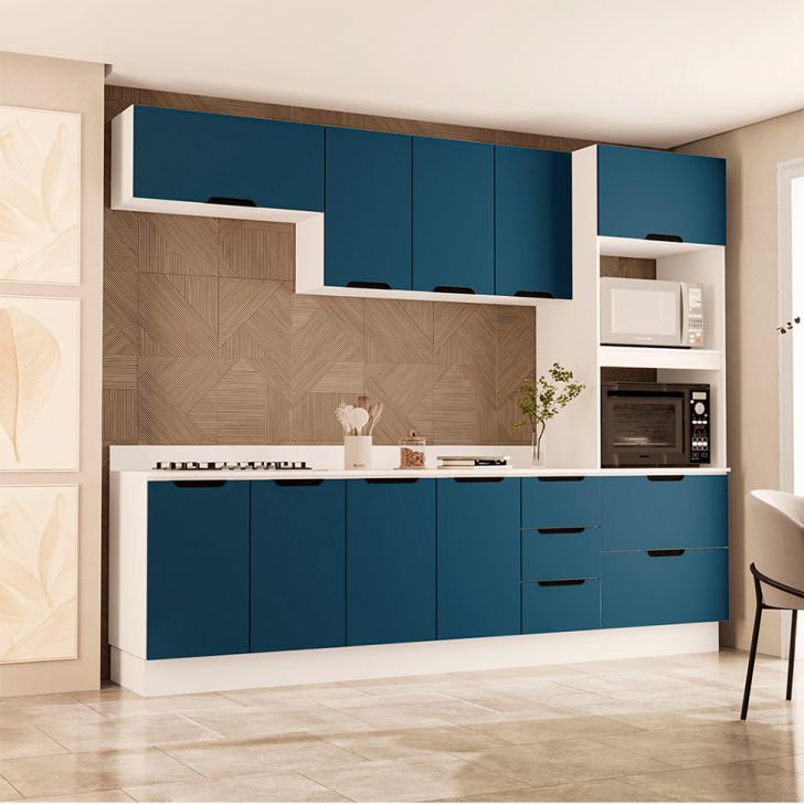Cozinha Completa com Tampo e Rodapé Meena 10 Portas 4 Gavetas Azul e Branca