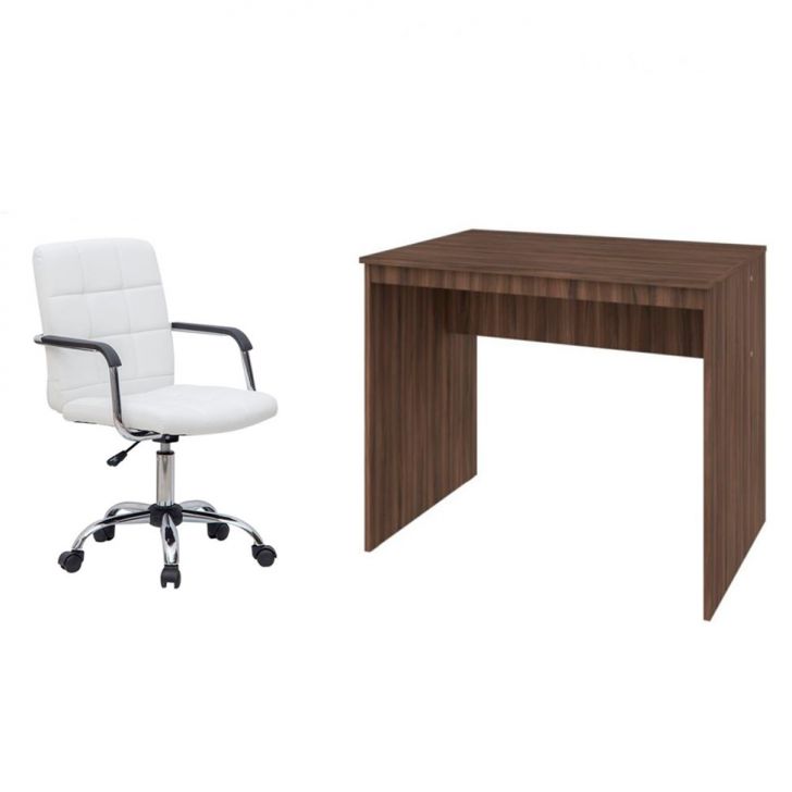 Conjunto de Mesa Office Nogal com Cadeira de Escritório Secretária Giratória Fitz Branca