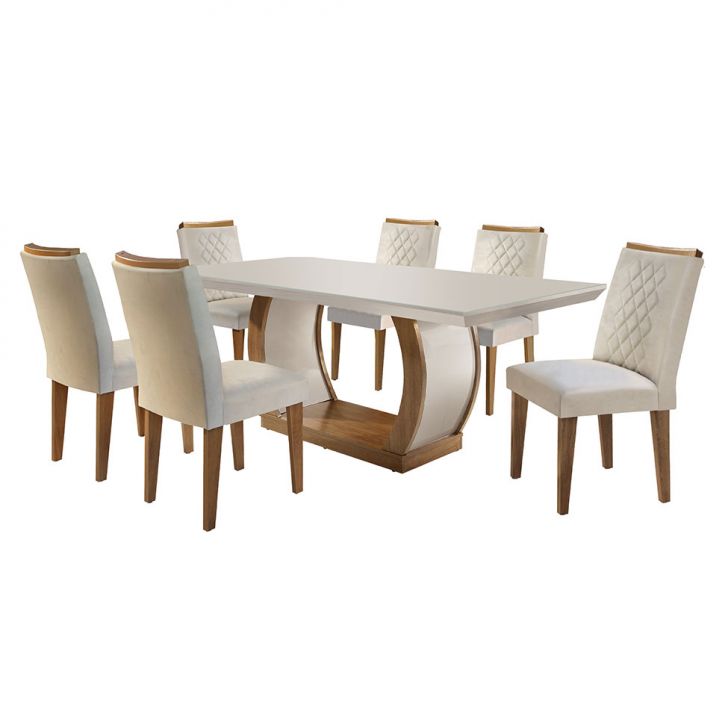 Conjunto De Mesa De Jantar Com Tampo De Vidro E 6 Cadeiras Maia Veludo Creme E Imbuia
