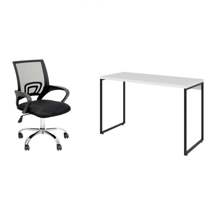 Conjunto de Mesa Studio Branca 120 cm com Cadeira de Escritório Secretária Giratória Javix Preta
