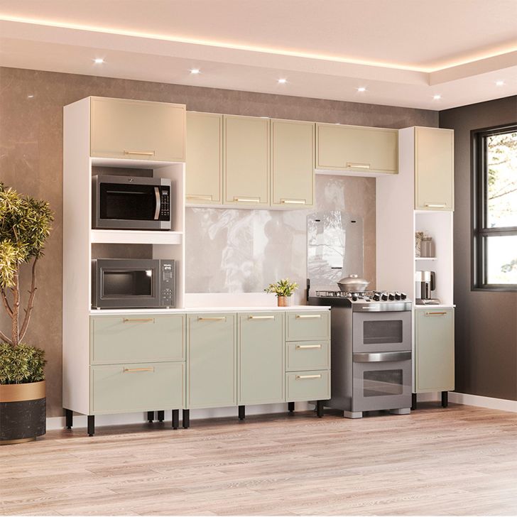 Image of Cozinha Completa Com Tampo E Paneleiro Amara 10 Portas 4 Gavetas Verde E Branca PLA-MO895CL29PYOMOB