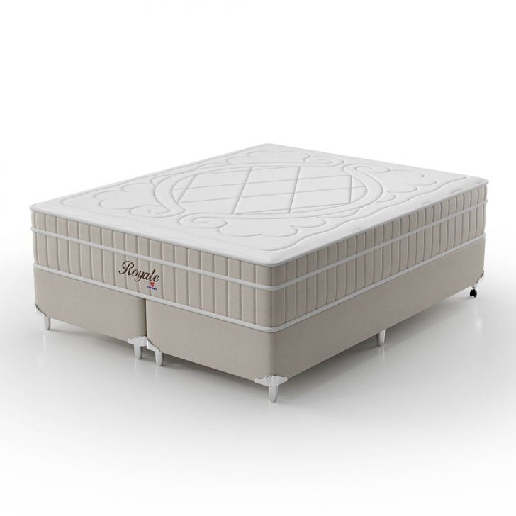 Cama Box Queen Royale Com Colchão Queen Molas Ensacadas Bege E Branca