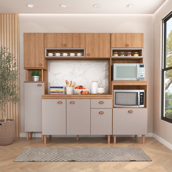 Cozinha Completa com Tampo Marti 9 Portas 1 Gaveta Mel e Fendi