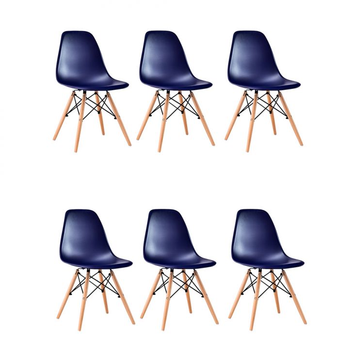 Conjunto Com 6 Cadeiras Eames Eiffel Premium Base Madeira Azul Marinho