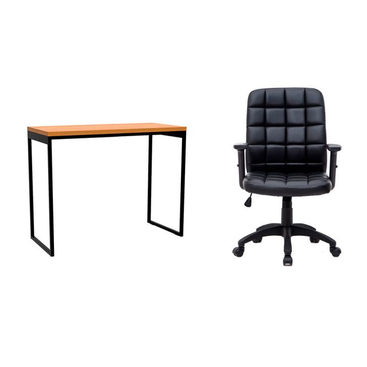 Conjunto de Mesa Stanford Carvalho com Cadeira de Escritório Diretor Giratória Fitz com Braços Ajustáveis Preta