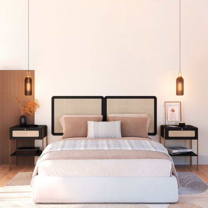 Conjunto de Cabeceira Casal com 2 Mesas de Apoio Oslo 1 GV Preto e Dourado