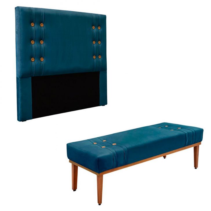 Conjunto de Cabeceira King com Recamier Gênova Veludo Azul Marinho