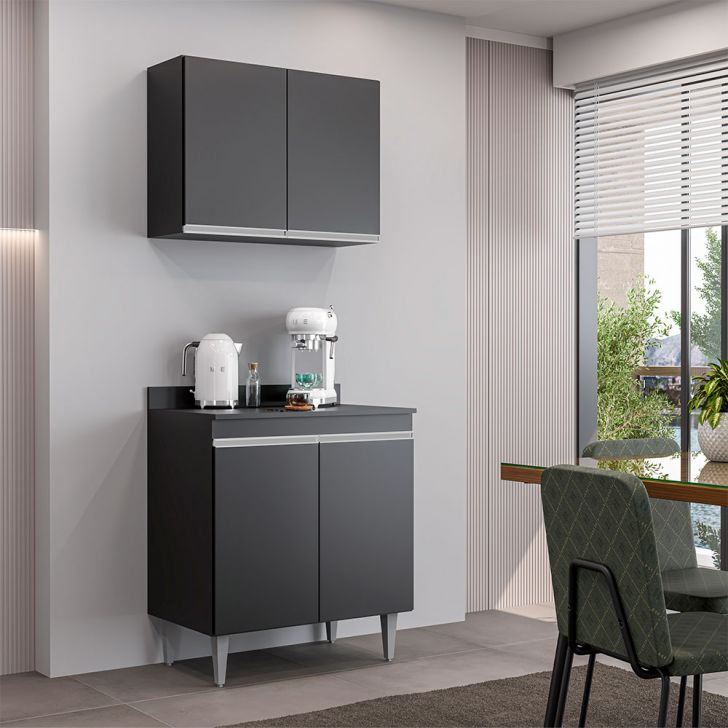 Conjunto Balcão de Cozinha com Tampo Papin Armário Aéreo MDP/BP Preto G96 - Gran Belo