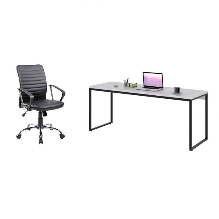 Conjunto de Mesa Studio Branca 180 cm com Cadeira de Escritório Diretor Giratória Oslo Preta