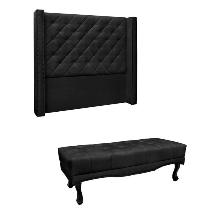 Conjunto de Cabeceira Queen com Recamier Vicenza Suede Preto