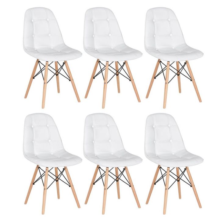 Kit 6 cadeiras estofadas Charles Eames Eiffel Botonê com pés de madeira clara Branco