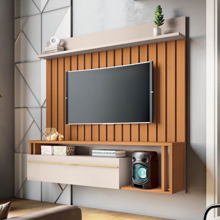 Painel TV 55 Pol 160cm Bancada Suspensa Self Off/Cinamomo - HB Móveis