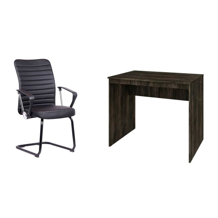 Conjunto de Mesa Office Carvalho Dark com Cadeira de Escritório Interlocutor Fixa Oslo Preta