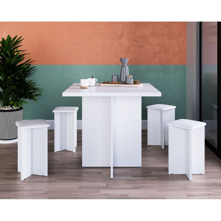 Conjunto De Mesa De Jantar Com 4 Bancos | Banquetas Estofados Verona Branco