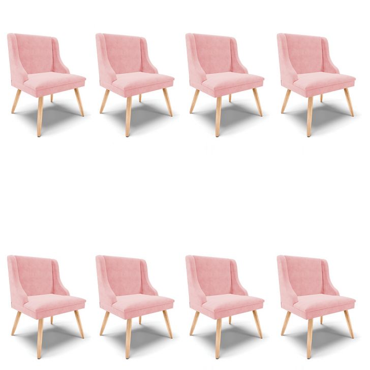 Kit 08 Cadeiras de Jantar Liz Suede Rosa Bebê Pés Palito Natural - D'Rossi