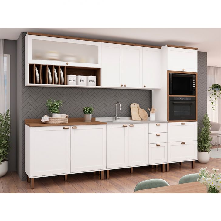 Cozinha Compacta Iluminata Luna com Vidro 10 Portas 4 Gavetas Branca e Ébano