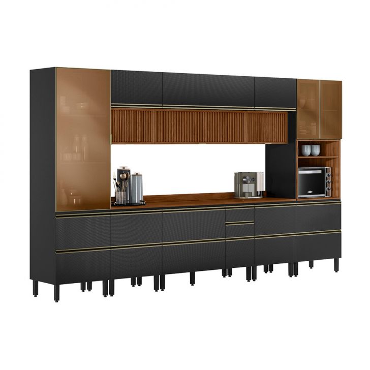 Cozinha Completa com Vidro Reflecta e Ripado Proença 12 Portas 10 Gavetas Carbono e Nogueira