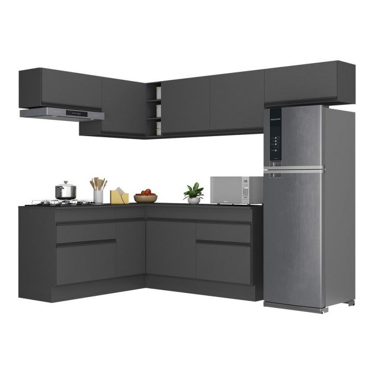 Armário de Cozinha Completa de Canto com Rodapé Veneza Multimóveis V2104  Preto