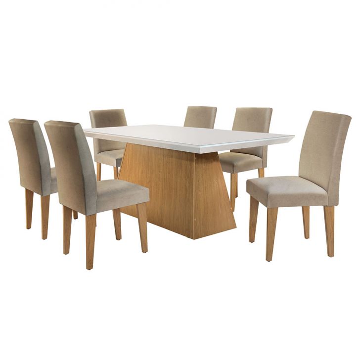 Conjunto De Mesa De Jantar Com Tampo De Vidro Luna E 6 Cadeiras Grécia Linho Bege E Imbuia