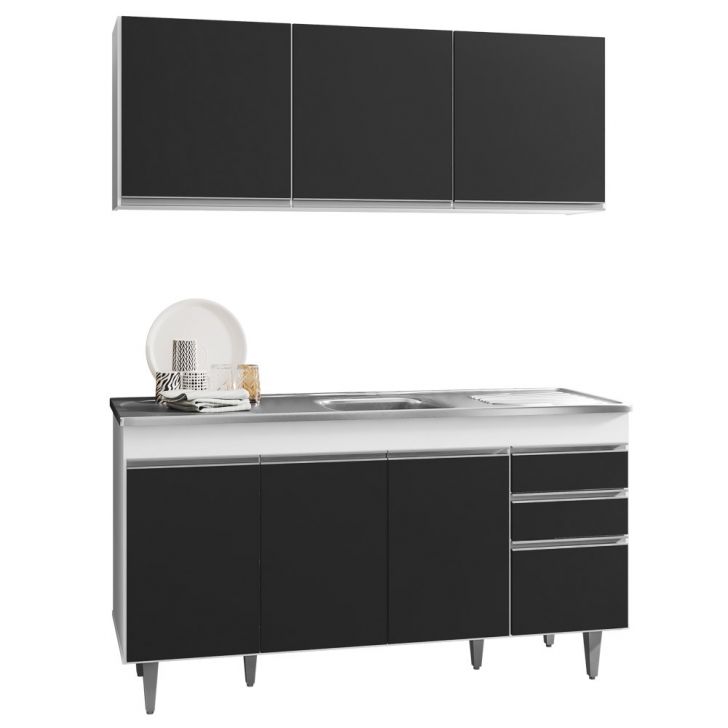 Armário Aéreo Argélia e Balcão Gabinete com Pia Inox Marrocos 150cm Branco/Preto - Lumil Móveis