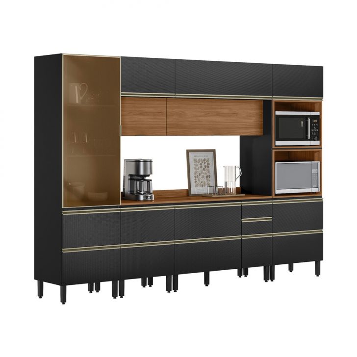 Armário de Cozinha Completa com 1 Vidro Reflecta Proença 9 Portas 8 Gavetas Carbono e Nogueira