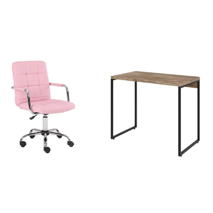 Conjunto de Mesa Studio Carvalho com Cadeira de Escritório Secretária Giratória Fitz Rosa