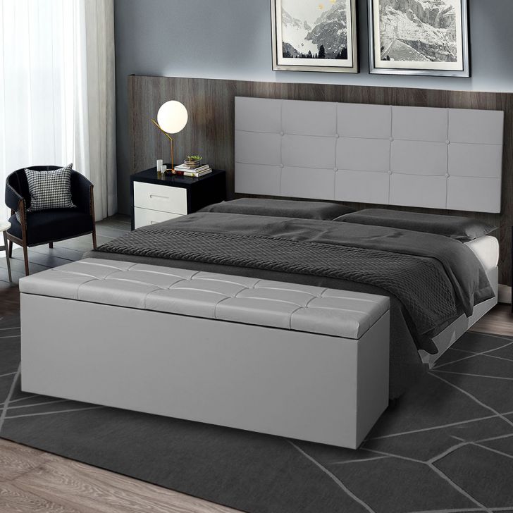 Kit Painel e Calçadeira Baú Roma Casal Queen 160cm Suede Cinza - Montanaris Decor