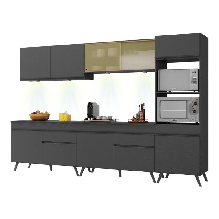 Armário de Cozinha Compacta 302cm com Leds Veneza Up Multimóveis V2014 Preto