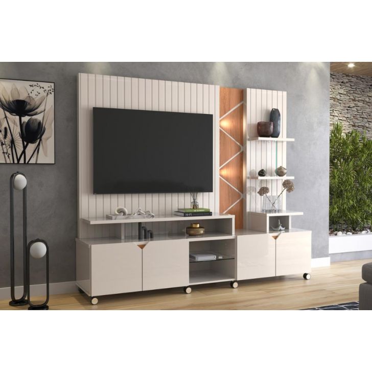 Home Cross Frisado Painel P/ Tvs Até 55'' C/ 4 Portas E Prateleiras P/ Decoração - Off White Perolizado/Jequitiba