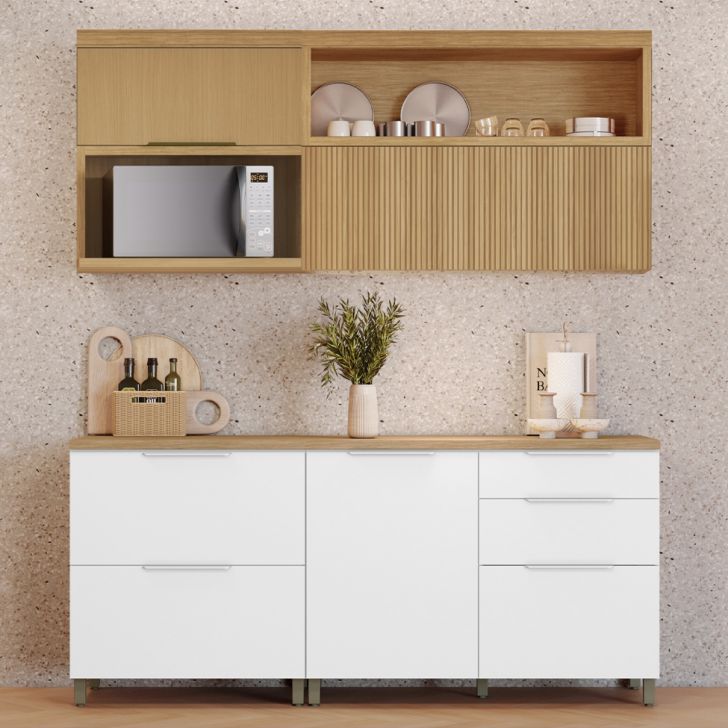 Cozinha Compacta Marquesa 100% MDF 4 Portas 4 Gavetas Branca e Nature