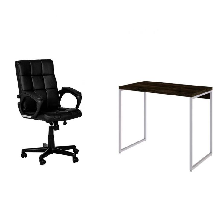 Conjunto de Mesa Studio Carvalho Dark e Branca com Cadeira de Escritório Diretor Giratória Charles Preta