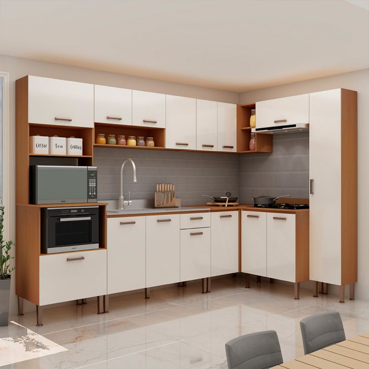 Cozinha Completa Essência 100% MDF 15 Portas 1 Gaveta Freijó e Off White