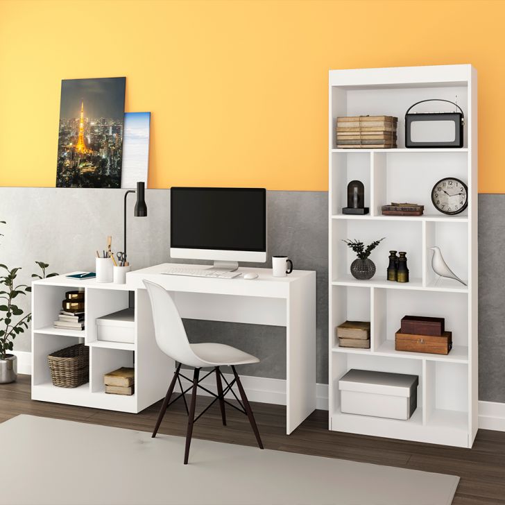 Conjunto de Mesa de Escritório Montpellier com Estante Hunt Branco