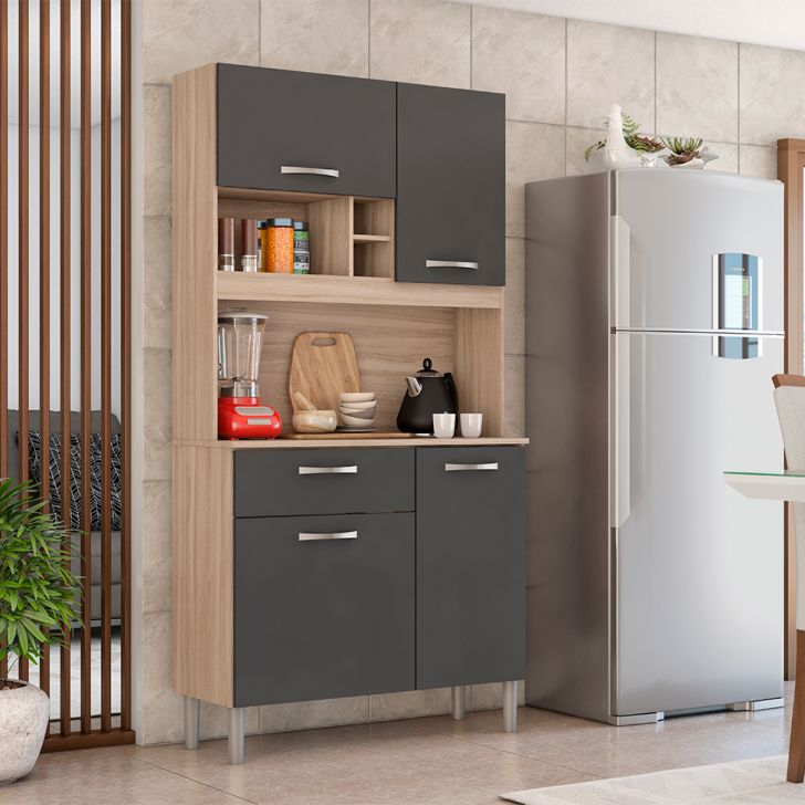 Cozinha Compacta Malta 4 Portas 1 Gaveta Avena e Grafito