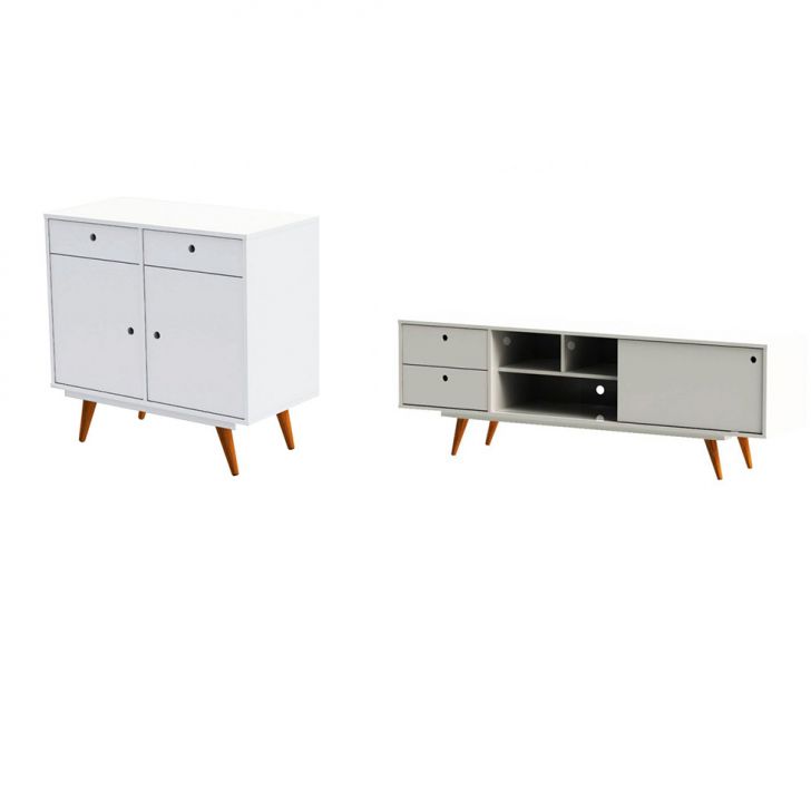 Conjunto de Rack com Buffet Retrô 2 PT 2 GV Branco