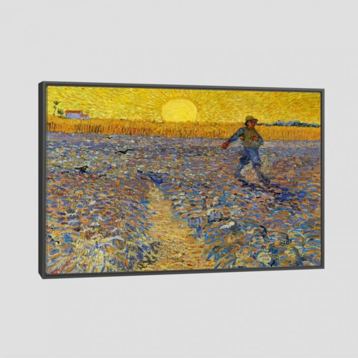 Quadro Van Gogh Semeador E O Sol Brilhante Tela Moldura Preta 95X63Cm