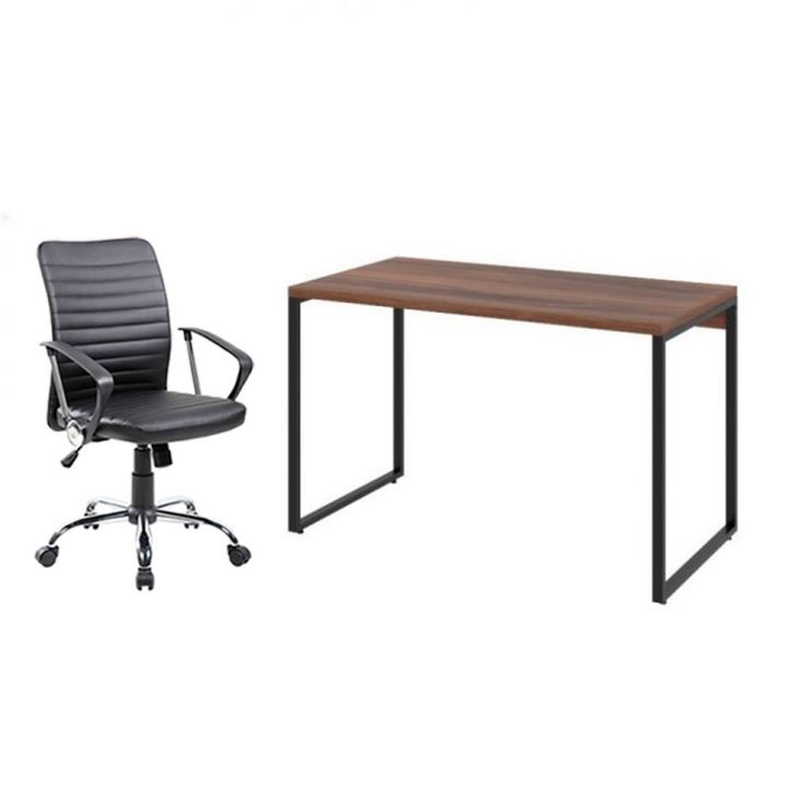 Conjunto de Mesa Kuadra Nogal 120 cm com Cadeira de Escritório Diretor Giratória Oslo Preta