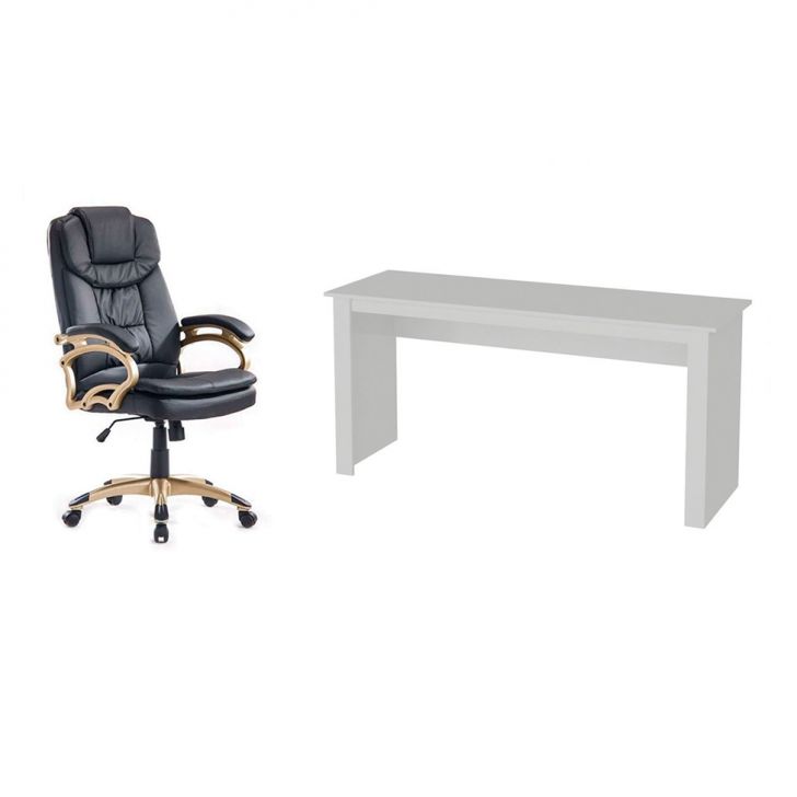 Conjunto de Mesa Badesh Branca com Cadeira de Escritório Presidente Giratória com Relax Clark Preta e Dourada