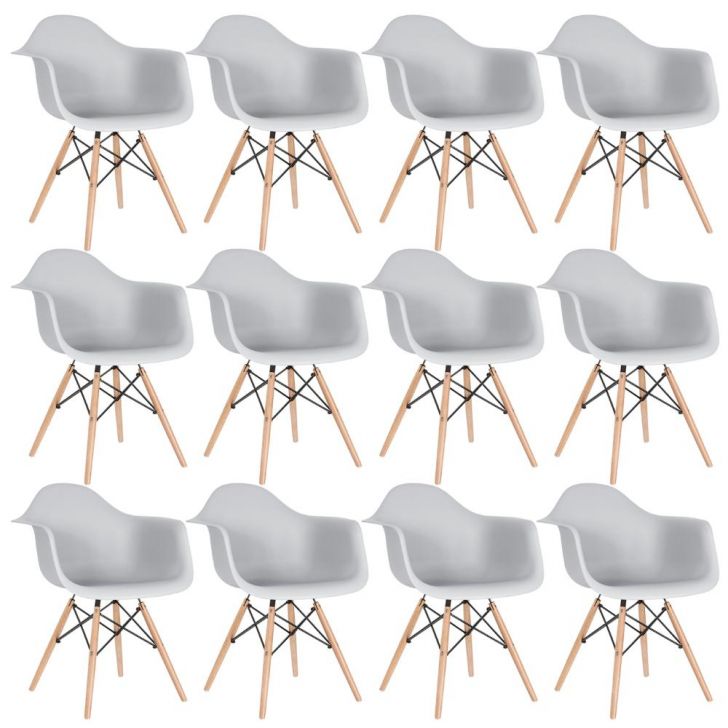 Kit 12 cadeiras Charles Eames Eiffel DAW com braços e pés de madeira clara Cinza-claro