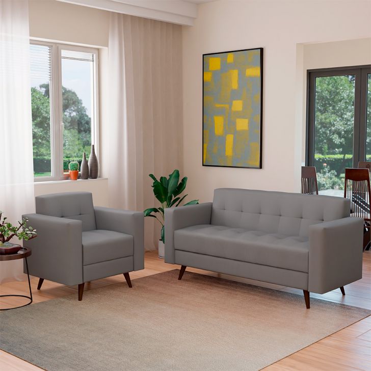 Conjunto De Sofá 3 Lugares Com 1 Poltrona Vitrola Suede Cinza