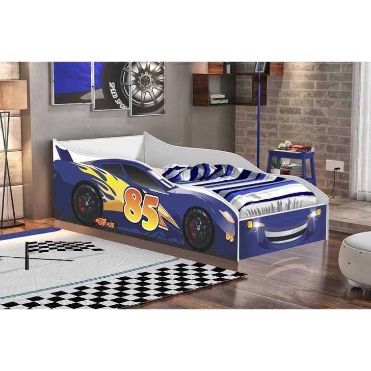 Cama Carro Azul com Colchão Gabrielli