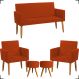 Kit Namoradeira + 2 Poltronas Decorativas Para Sala Nina + 2 Puff Redondos Suede Terracota Pé Castanho