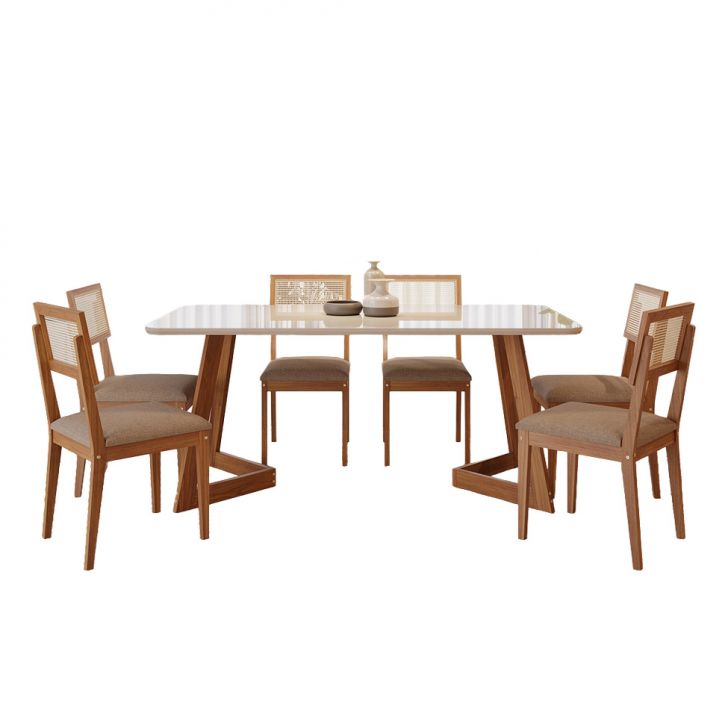 Conjunto De Mesa Retangular Com Tampo De Vidro Caju E 6 Cadeiras Palmas Linho Marrom E Cinamomo