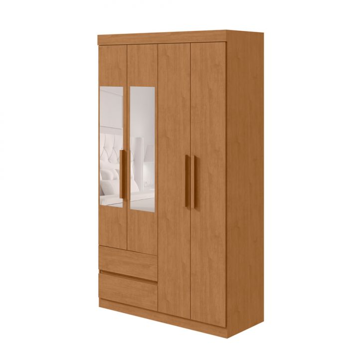 Guarda-roupa Casal Com Espelho Zeus Sem Pés 4 Portas 2 Gavetas Amêndoa