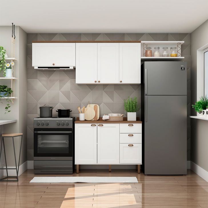 Cozinha Compacta Iluminata 6 Portas 3 Gavetas Branca e Ébano