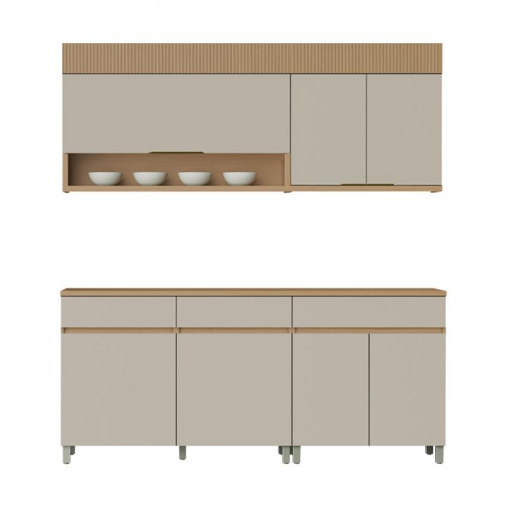 Cozinha Compacta 100% MDF Realeza Premium 7 Portas 3 Gavetas Bege e Carvalho
