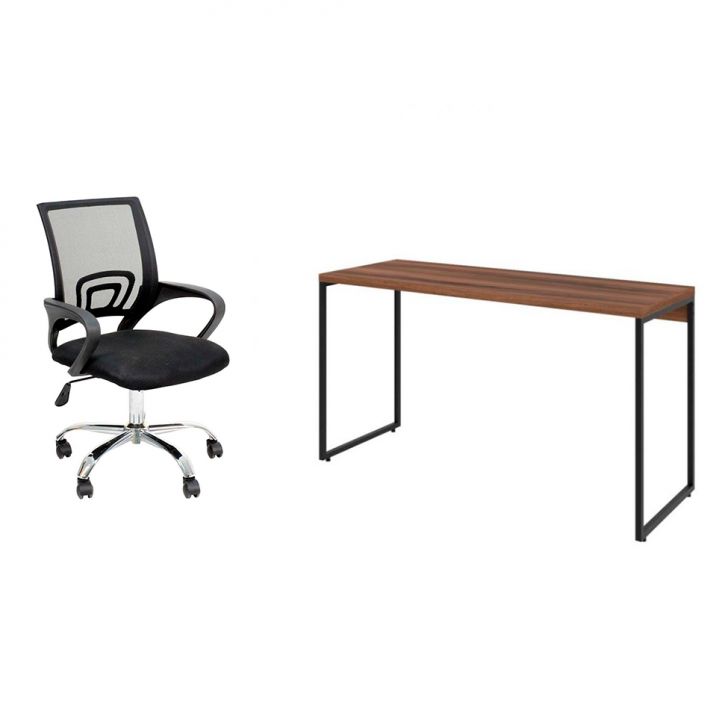 Conjunto de Mesa Studio Nogal 135 cm com Cadeira de Escritório Secretária Giratória Javix Preta