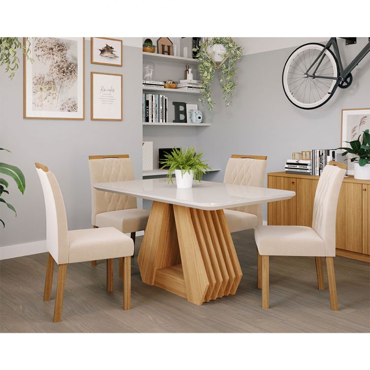 Conjunto De Mesa De Jantar Retangular Com Tampo De Vidro Off White Agata E 4 Cadeiras Juliana Suede Nude E Nature