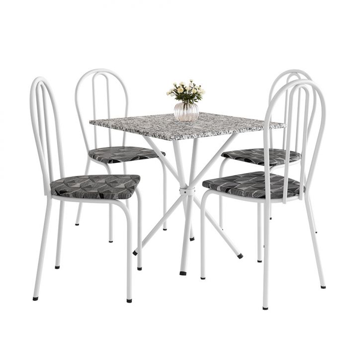 Conjunto de Mesa Quadrada com Tampo Granito e 4 Cadeiras Léia Revestimento Sintético Branco e Silver